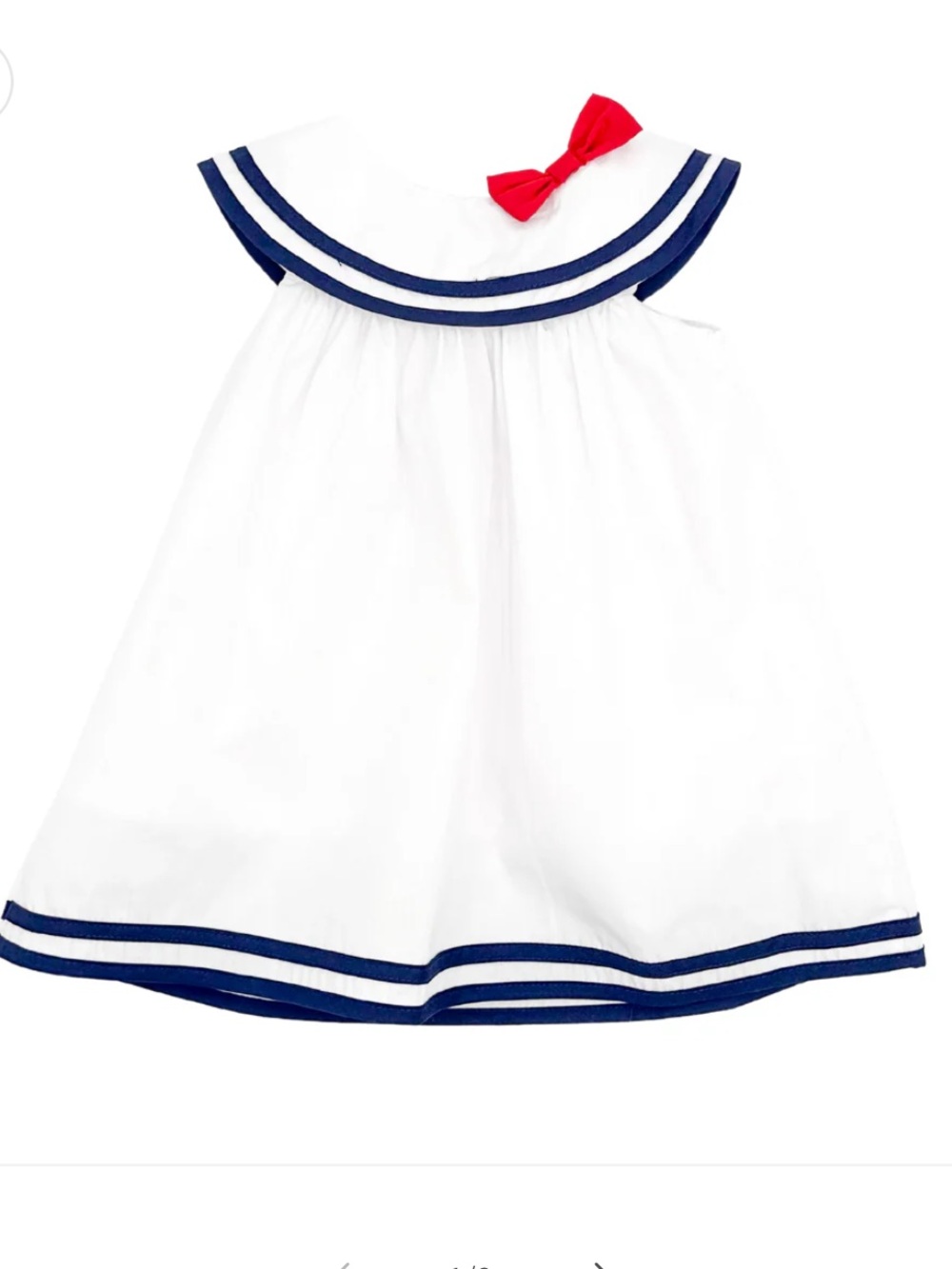 Lil Cactus White Dress with Navy Trim and Red Bow Accent